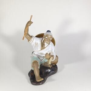 Vintage Chinese Mudman Fisherman Figurine Ceramic Statue